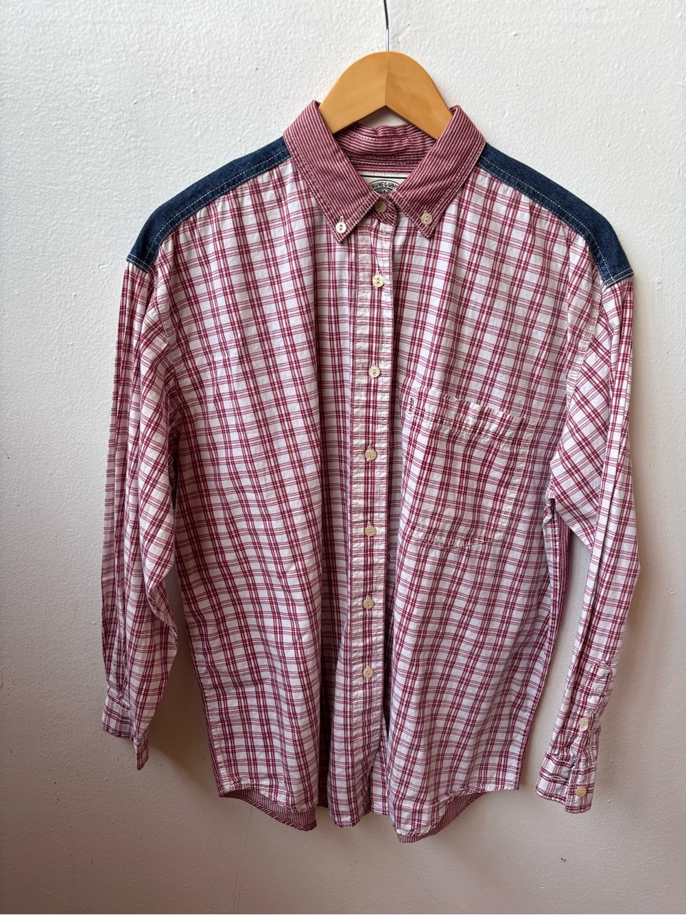 Levis Men's Red Plaid Button-Up Shirt with Navy Shoulder Detail